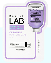 Purple and white sheet mask packet featuring ceramide moisture care for intensive hydration and skin barrier support