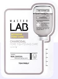 Packaging of charcoal pore tightening sheet mask featuring intensive hydration and pore care benefits on white background