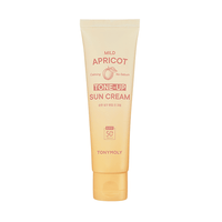 Tube of mild apricot tone-up sun cream with SPF 50+ offering calming and no-sebum benefits for sun protection