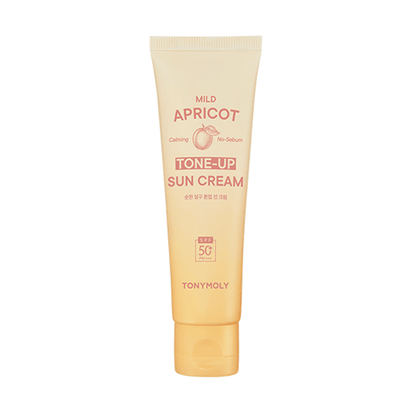 Beige tube of apricot tone-up sun cream with SPF50+ protection and calming, no-sebum formula display