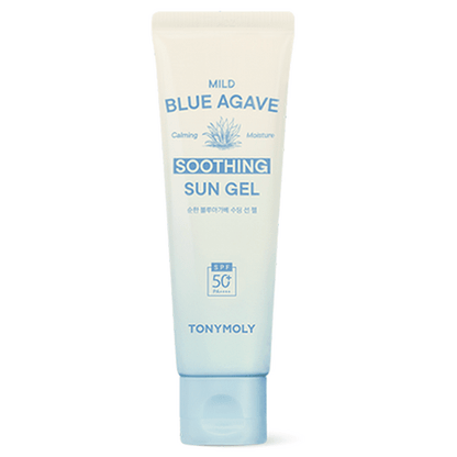 Tube of mild blue agave sun gel with soothing and moisturizing benefits, offering broad spectrum SPF 50+ protection