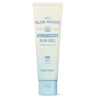 Soft blue and white tube of sun gel with calming and moisturizing properties and SPF50+ broad spectrum protection