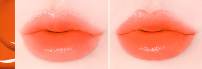 Close-up of lips wearing glossy vibrant orange lip color showcasing smooth, long-lasting finish and rich pigmentation