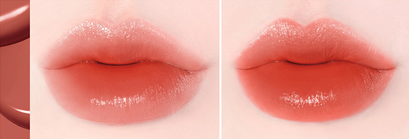 Close-up of lips wearing soft coral lipstick with glossy finish highlighting smooth, long-lasting color effect