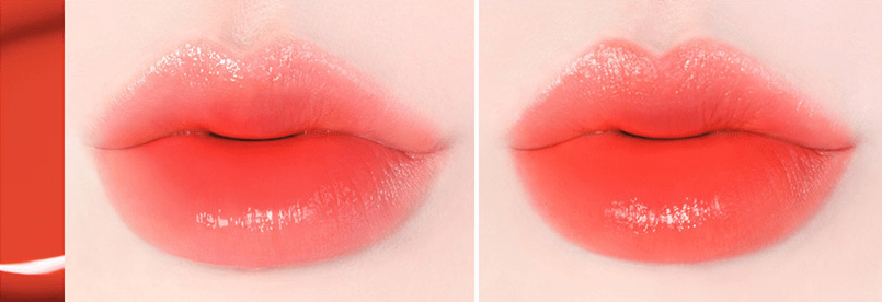 Close-up of lips wearing vibrant coral red long-lasting lip color with smooth, glossy finish on a pale skin tone