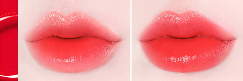 Glossy red lip swatches showing smooth, vibrant finish with long-lasting color on natural skin tone background