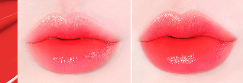 Close-up of lips wearing vibrant, glossy red shade showcasing long-lasting color effect on smooth skin