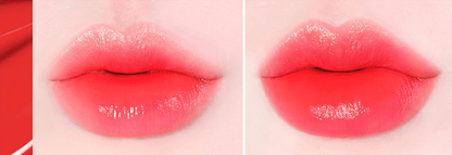 Close-up of lips wearing vibrant, glossy red shade showcasing long-lasting color effect on smooth skin