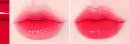 Close-up of lips featuring vibrant red glossy lipstick with smooth, rich color and long-lasting finish effect.