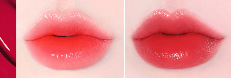 Two close-up views of lips wearing vibrant coral and deep rose shades showcasing long-lasting lip color effect
