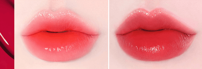 Two close-up views of lips wearing vibrant coral and deep rose shades showcasing long-lasting lip color effect