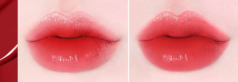 Close-up of lips wearing vibrant red lip color showing smooth, glossy finish with long-lasting effect on soft skin tone background
