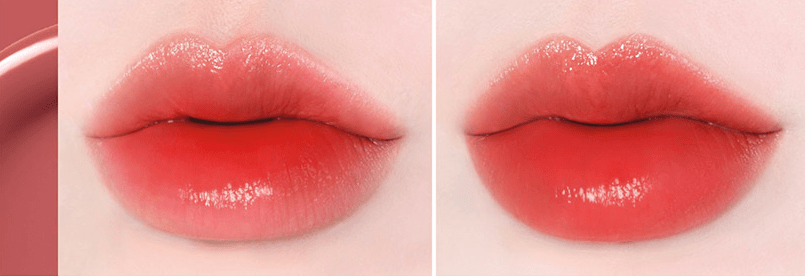 Close-up of lips with rich, shiny red tint showcasing long-lasting color effect of lip product in two lighting angles