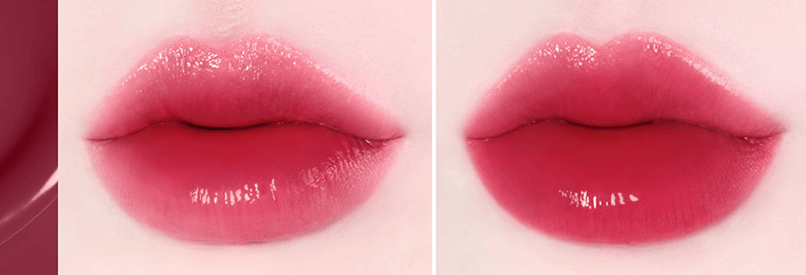 Close-up of lips wearing glossy pink and red shades showcasing smooth, vibrant long-lasting color finish