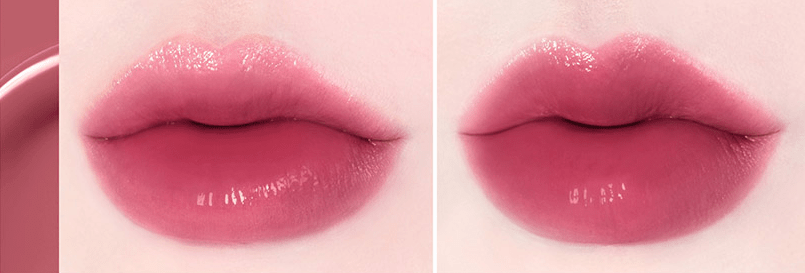 Close-up of lips wearing glossy pink lip color showcasing rich pigment and smooth, long-lasting finish effect