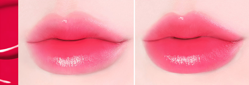 Close-up of lips showing glossy vibrant pink color with smooth, long-lasting finish from lip tint application.