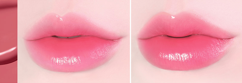 Close-up comparison of lips showing glossy, vibrant pink lip color with smooth, hydrated appearance and long-lasting finish