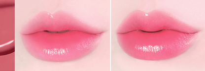 Close-up comparison of lips showing glossy, vibrant pink lip color with smooth, hydrated appearance and long-lasting finish