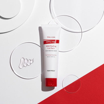White tube of mild peeling gel pack with red accent on white and red background featuring clear gel texture on circular platforms