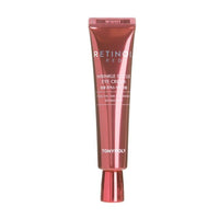 Shiny red metallic tube of retinol eye cream designed for wrinkle reduction and focused care around the eyes