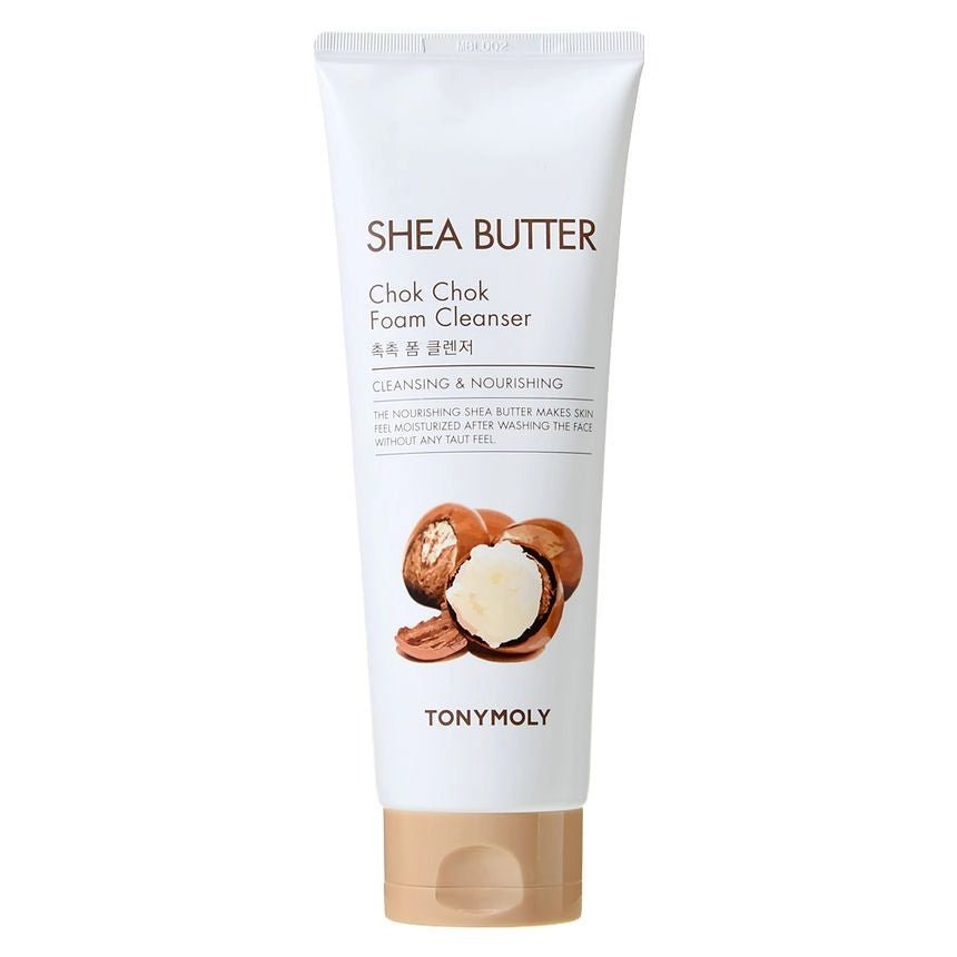 White tube of moisturizing foam cleanser featuring shea butter visuals and gold flip cap on plain background