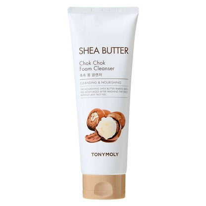 White tube of moisturizing foam cleanser featuring shea butter visuals and gold flip cap on plain background