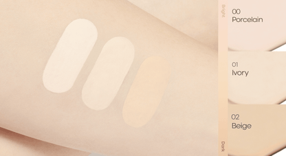 Swatches of three light to medium foundation shades—Porcelain, Ivory, and Beige—applied on skin with shade labels visible nearby