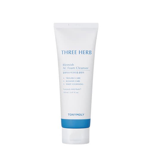 White tube of blemish foam cleanser featuring simple blue text and solid blue band at the base against white background