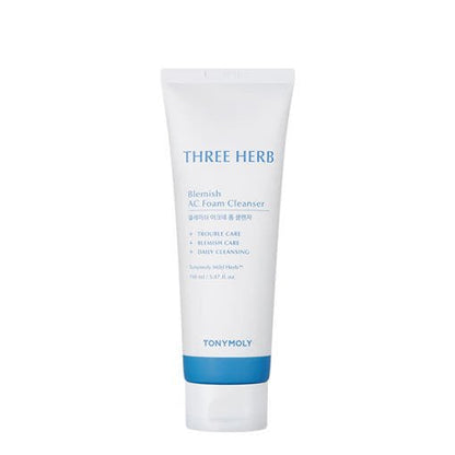 White tube of blemish foam cleanser featuring simple blue text and solid blue band at the base against white background
