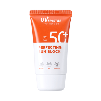 Tube of TONYMOLY sun block with SPF 50+ PA+++ featuring broad spectrum protection in orange and white packaging
