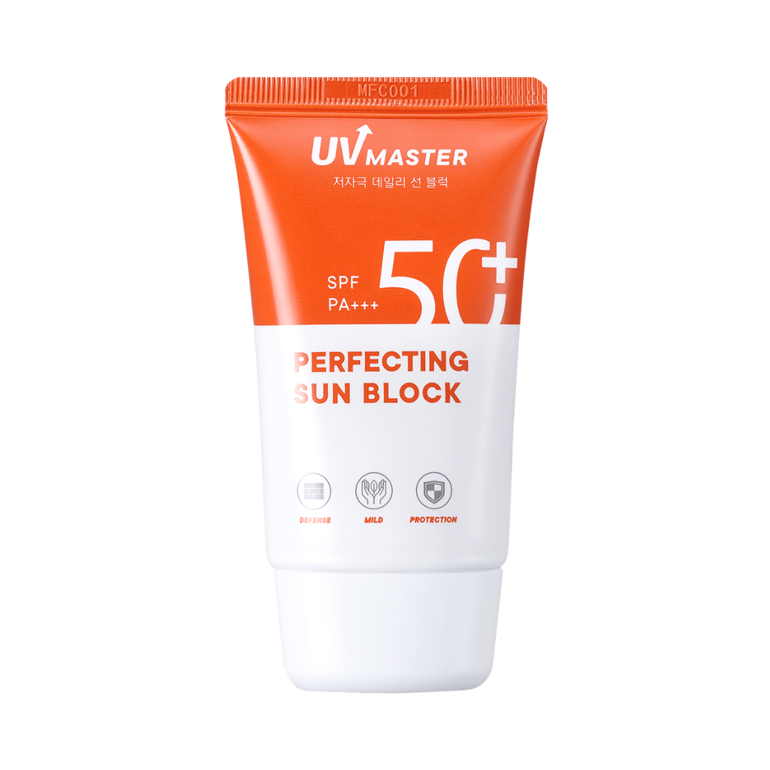 Orange and white tube of UV Master broad spectrum sunblock with SPF 50+ and PA+++ protection on white background