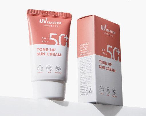 Coral and white tube and box of tone-up sun cream with SPF50+ and PA+++ protection on white surface