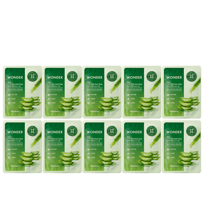 Set of ten hydrating mask sheets featuring aloe imagery and green packaging emphasizing moisture and skin soothing benefits
