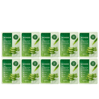 Set of ten green aloe vera sheet mask packets emphasizing hydrating skincare benefits on white background