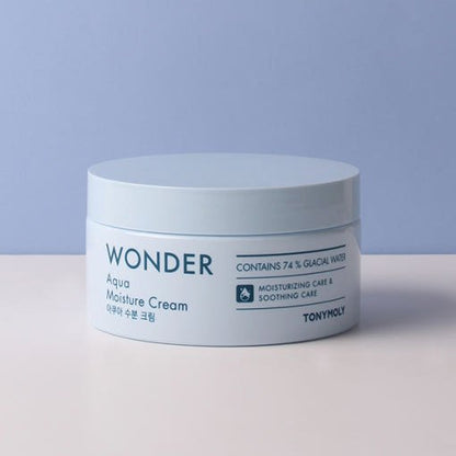 White jar of Wonder Aqua Moisture Cream highlighting 74% glacial water for hydration and soothing care on pale background