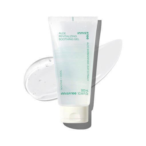Tube of light green aloe soothing gel with clear gel texture swatches on white background suggesting hydration effects