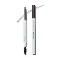 Two eyebrow pencils with spoolie brush and angled tip showing natural brown tone and subtle stroke effect