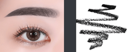 Close-up of a natural-looking eyebrow with dark brown texture lines created by an eyebrow pencil swatch