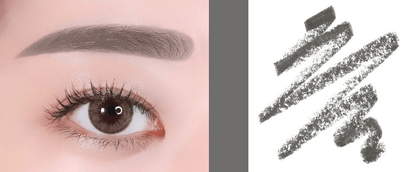 Close-up of a natural-looking brow filled with soft, textured pencil strokes beside dark gray eyebrow pencil swatches