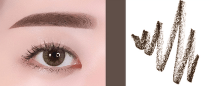 Close-up of natural-looking eyebrow enhanced with soft brown pencil strokes on a pale skin tone background