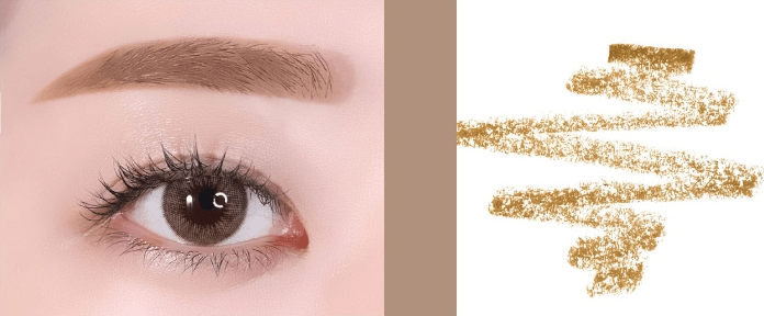 Close-up of eye with softly defined natural-looking eyebrow next to golden brown eyebrow pencil swatch texture
