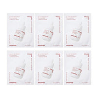 Six white sachets of black tea youth enhancing ampoule masks arranged in two rows on a white background