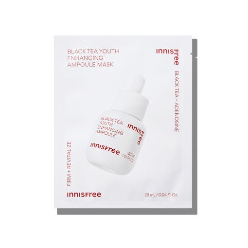 White packet of youth enhancing ampoule mask with black tea extract focusing on firming and revitalizing skin benefits
