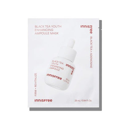 White packet of youth enhancing ampoule mask with black tea extract focusing on firming and revitalizing skin benefits