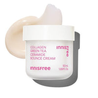 White jar of bounce cream with pink text and creamy swatch highlighting boosted skin elasticity benefits