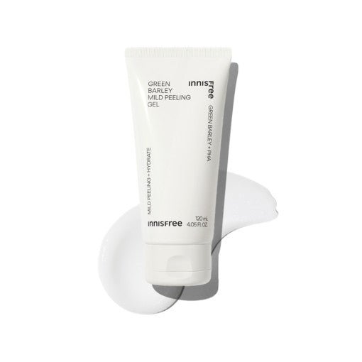 White tube of mild peeling gel with smooth translucent gel smear on a clean white surface background