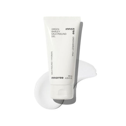 White tube of mild peeling gel with smooth translucent gel smear on a clean white surface background