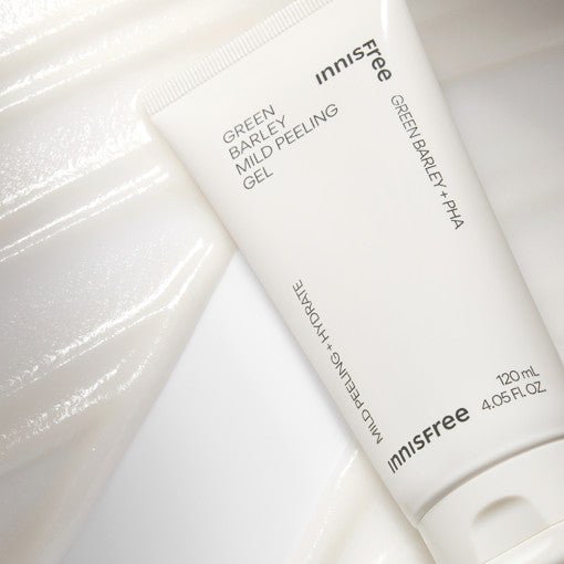 White tube of mild peeling gel with hydrated gel texture swatch on a clean white surface background