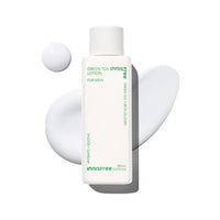 Minimalist white bottle of green tea lotion for men with smooth cream texture and moisturizing effect displayed on white background