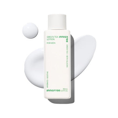 Minimalist white bottle of green tea lotion for men with smooth cream texture and moisturizing effect displayed on white background